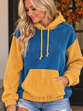 🤠🔥🍂 Mustard & Blue Corduroy Colorblock Hoodie Pullover XL
